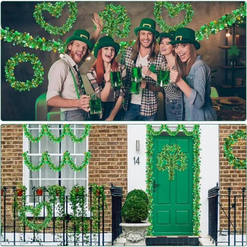 33 FT St Patricks Day Garland Decor Gold Green Shamrock Hat Tinsel Garland